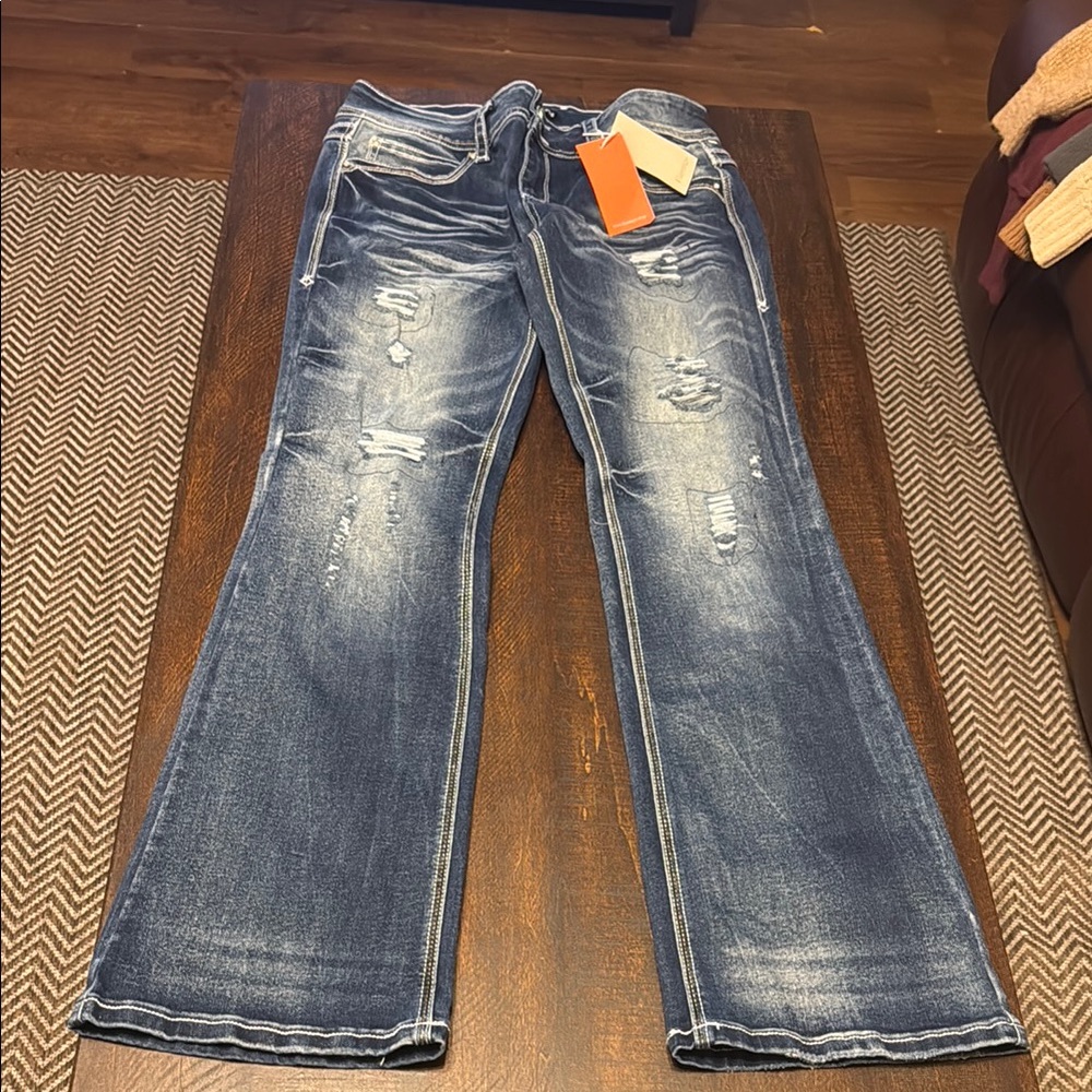 Blue Flare Wide Leg Jeans with Distressed Look